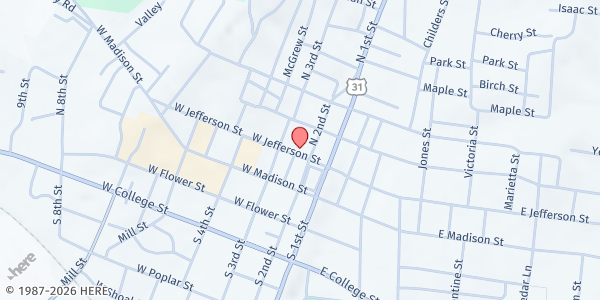 Map showing First United Methodist Church at 200 W Jefferson St, Pulaski, TN