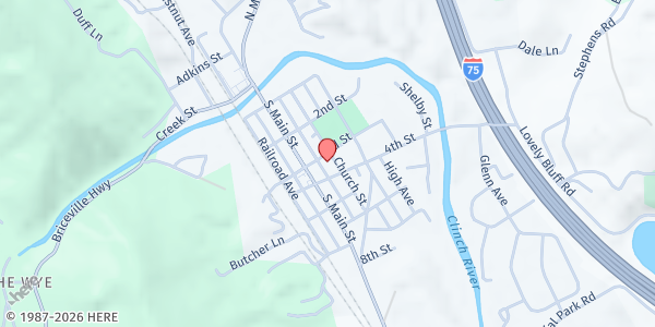 Map showing Main St. Baptist Food Pantry at 215 Fourth Street, Rocky Top, TN