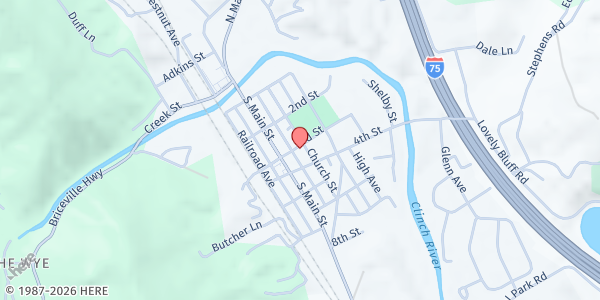 Map showing Main Street Baptist Church at 215 Fourth Street, Rocky Top, TN