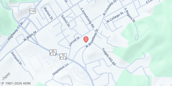 Map showing Rogersville Terrace Apartments at 801 W Broadway St, Rogersville, TN