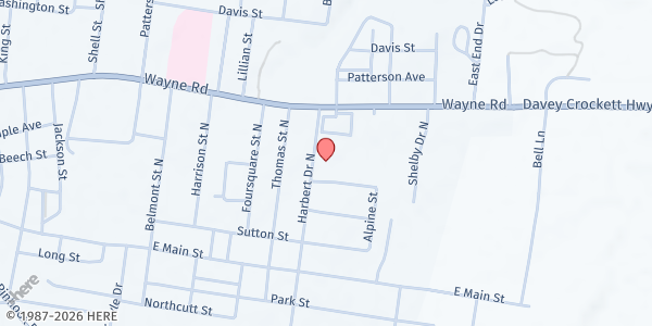 Map showing Helping Hands Community Ctr. - Savannah First Assembly at 115 Harbert Dr., Savannah, TN