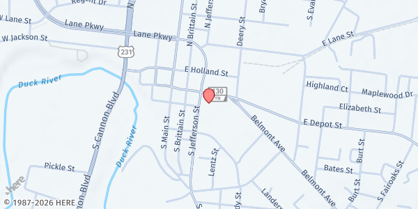 Map showing First Baptist Church at 304 Depot St, Shelbyville, TN