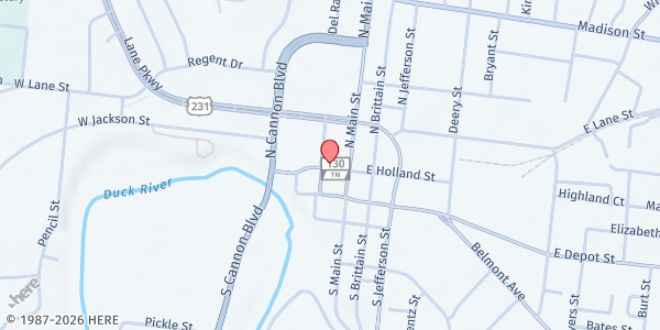 Map showing First United Methodist Church at 122 Public Square N, Shelbyville, TN