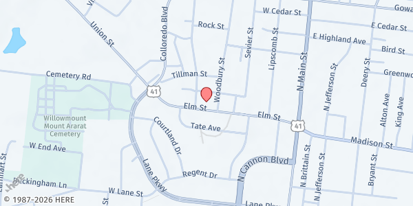 Map showing Victory Christian Center, Shalom Food Ministry at 516 Elm Street, Shelbyville, TN