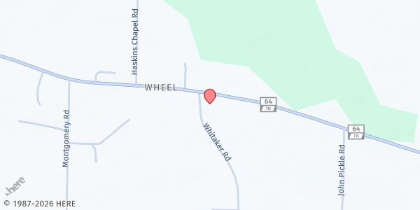 Map showing Whittaker Church of God, Wheel Community Food Pantry at 2547 Highway 64 West, Shelbyville, TN