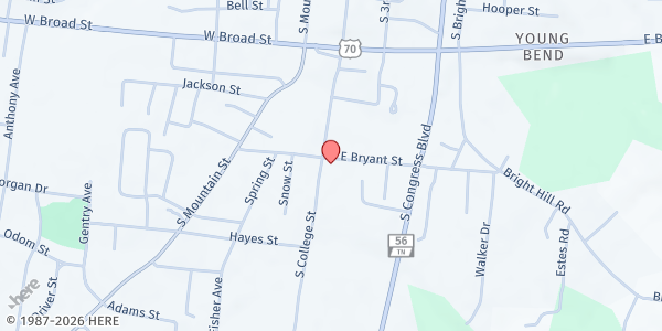 Map showing God's Food Pantry & Community Outreach, Inc at 101 E. Bryant St., Smithville, TN