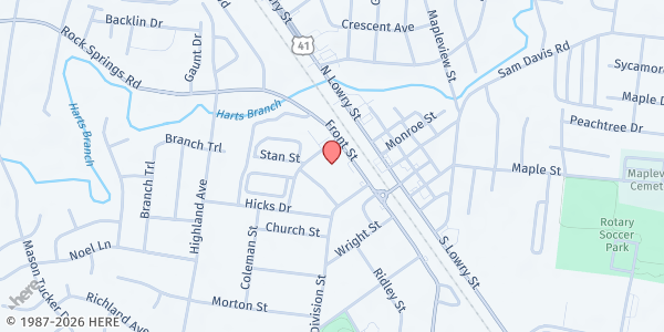 Map showing Smyrna Church of Christ at 205 Front Street, Smyrna, TN