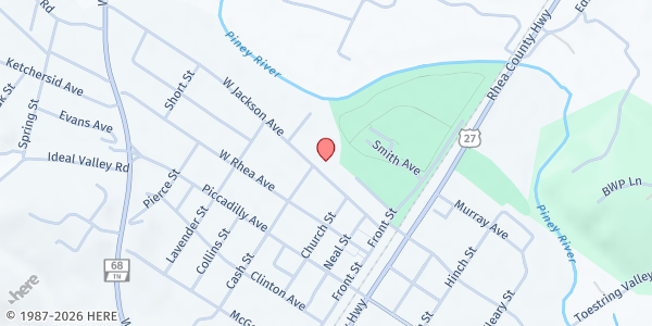 Map showing First Baptist Church - Spring City at 374 W Jackson Ave, Spring City, TN