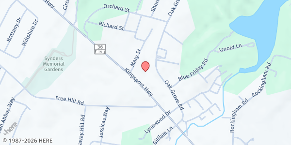 Map showing Boones Creek UMC at 100 Mary Street, Spurgeon, TN