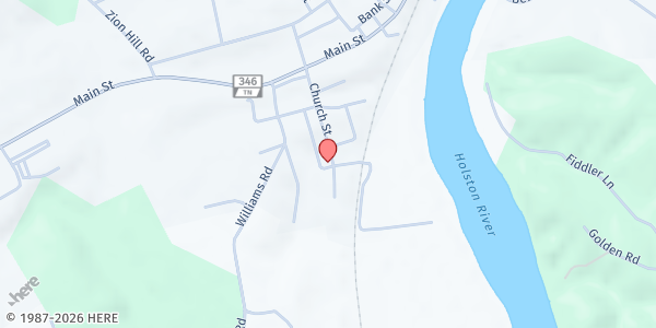 Map showing First Free Will Baptist Church of Surgoinsville at 1306 Church St, Surgoinsville, TN