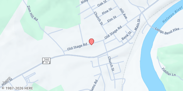 Map showing Surgoinsville 1st Untd Methodist at 621 Old Stage Rd, Surgoinsville, TN