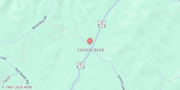 Map showing Coker Creek Baptist Church at 11990 TN-68, Tellico Plains, TN