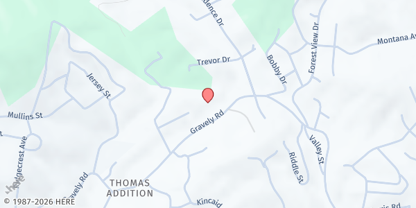 Map showing Gravelly Baptist Church at 647 Gravely Rd., Thomas Addition, TN