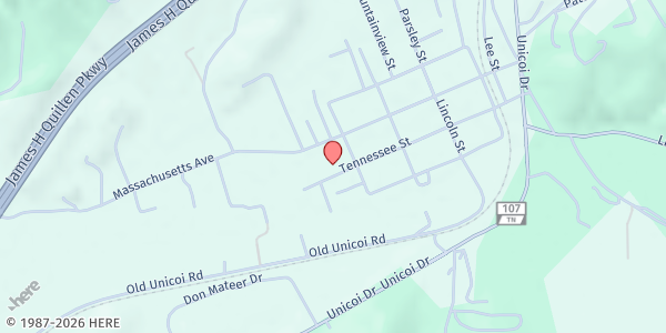 Map showing Unicoi Church of God at 508 Tennessee St, Unicoi, TN