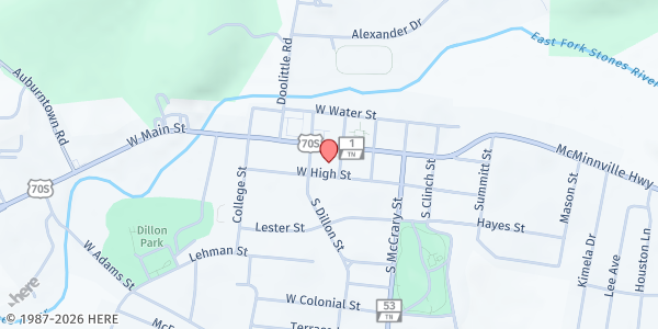 Map showing Cannon County Emergency Food Bank at 301 W. Main Street, Woodbury, TN