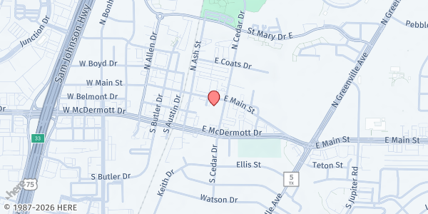 Map showing FBC Allen Food Pantry at 201 E. McDermott Dr., Allen, TX
