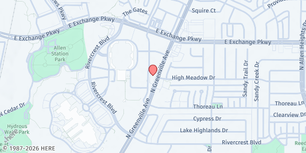 Map showing House of Prayer International Ministries at 705 N. Greenville Ave. #900, Allen, TX