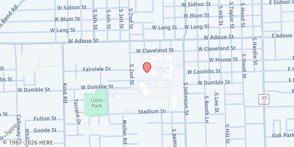 Map showing Alvin High School at 802 Johnson St, Alvin, TX