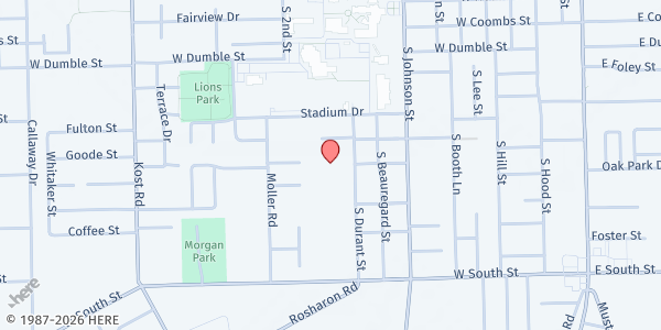 Map showing First Christian Church Disciples of Christ - Alvin-Manvel Community Food Pantry at 1212 S. Durant St., Alvin, TX
