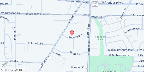 Map showing Arlington Charities at 1500 California Ln., Arlington, TX