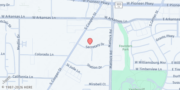 Map showing Arlington Charities Main Location at 1500 California Ln., Arlington, TX