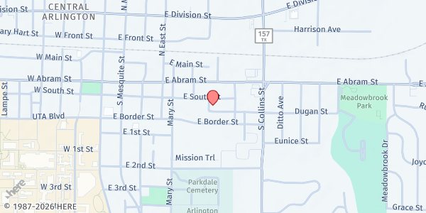 Map showing Arlington Urban Ministries - Main Location at 701 Dugan St., Arlington, TX