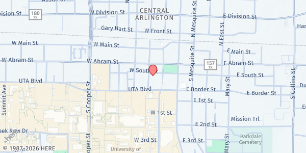 Map showing Mission Arlington at 210 W. South St., Arlington, TX