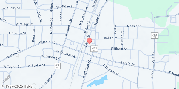 Map showing First Baptist Church & Mission Atlanta at 115 E. Hiram St., Atlanta, TX