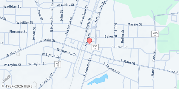 Map showing First Baptist Church & Mission Atlanta at 115 E. Hiram St, Atlanta, TX