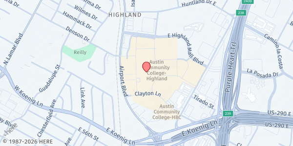 Map showing ACC Highland at 6101 Highland Campus Dr., Austin, TX