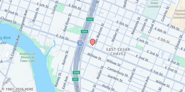 Map showing Angel House Soup Kitchen at Austin Baptist Chapel at 908 E. Cesar Chavez St., Austin, TX