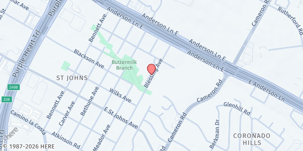 Map showing APH - St. Johns Community Center at 7500 Blessing Ave., Austin, TX