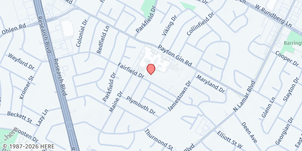 Map showing Austin Voices Navarro FRC Pantry at 1111 Fairfield Dr., Austin, TX