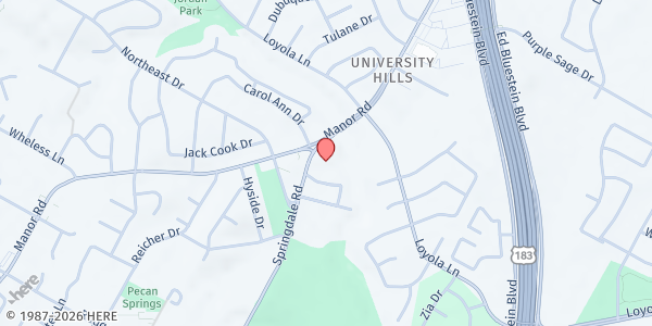 Map showing Greater Love Baptist Church at 6601 Manor Rd., Austin, TX