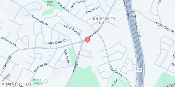 Map showing Greater Love Baptist Church at 6601 Manor Rd., Austin, TX