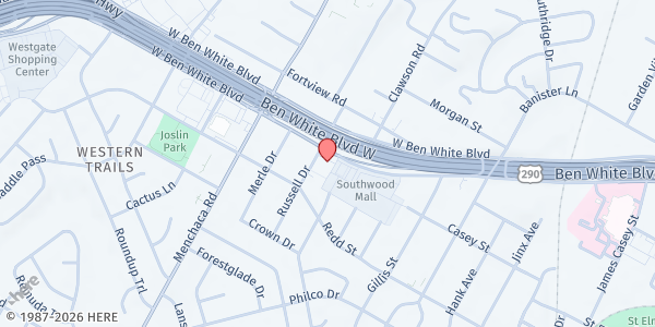 Map showing Harvest Blessings Travis Heights Christian Outreach at 4403 Russell Dr., Austin, TX