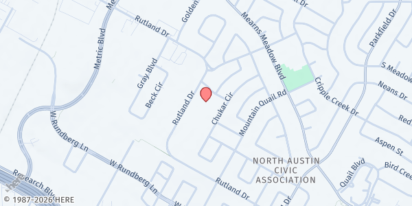 Map showing Heaven's Harvest - North Austin Christian Church at 1734 Rutland Dr., Austin, TX