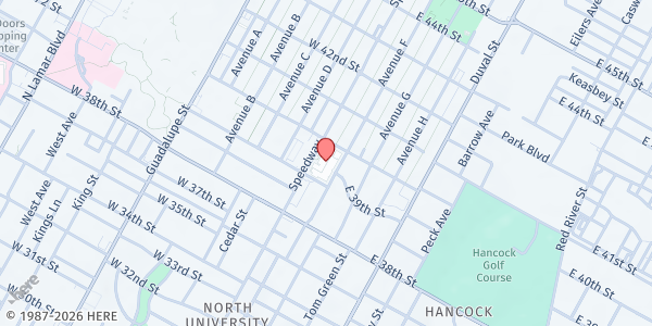 Map showing Hyde Park Baptist Church at 3901 Speedway, Austin, TX