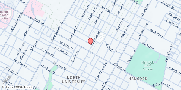 Map showing Hyde Park Baptist Church at 3810 Speedway, Austin, TX