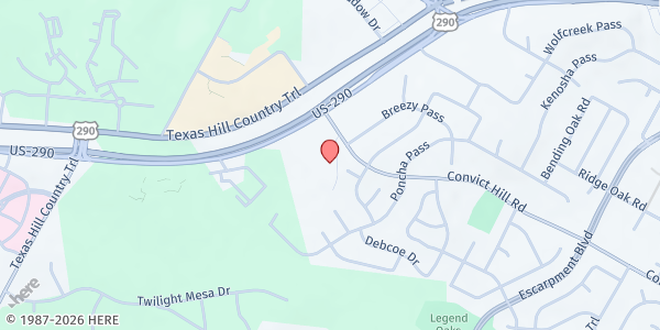 Map showing Oak Hill Baptist Church at 6907 Convict Hill Rd., Austin, TX