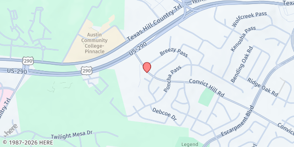 Map showing Oak Hill Baptist Church at 6907 Convict Hill Rd., Austin, TX