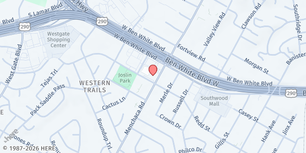 Map showing Sunrise Homeless Navigation Center at 4430 Menchaca Rd., Austin, TX