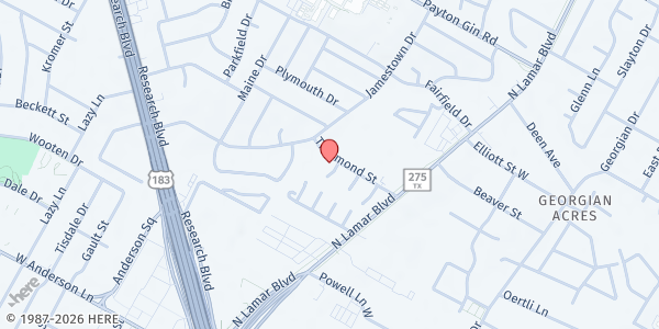 Map showing Thurmond Heights Apartments at 8426 Goldfinch Ct., Austin, TX