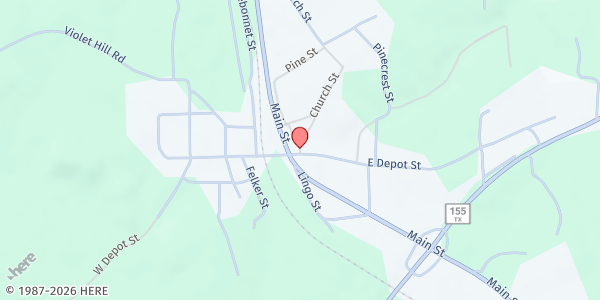 Map showing Avinger Community Food Pantry at 200 Church Street, Avinger, TX