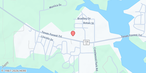 Map showing Lake O' the Pines Baptist Church at 249 Avinger Cutoff Rd., Avinger, TX