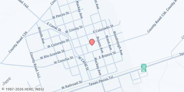 Map showing Barstow Community Center at 100 Concho St., Barstow, TX