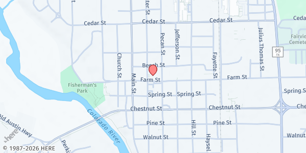 Map showing First Baptist Church - Bastrop at 1201 Water St., Bastrop, TX