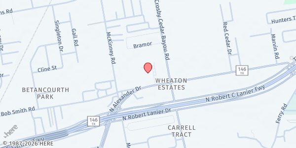 Map showing Cedar Bayou Baptist Church at 3116 Alexander Dr, Baytown, TX