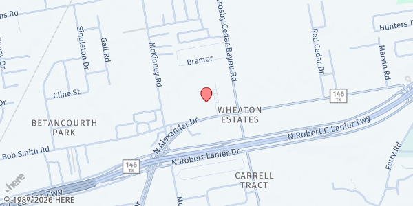 Map showing Cedar Bayou Baptist Church at 3116 N. Alexander Dr., Baytown, TX
