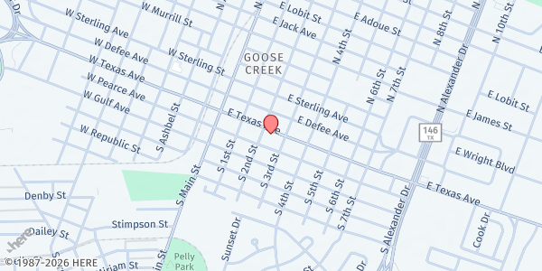 Map showing Word Alive Ministries at 209 E Texas Ave, Baytown, TX